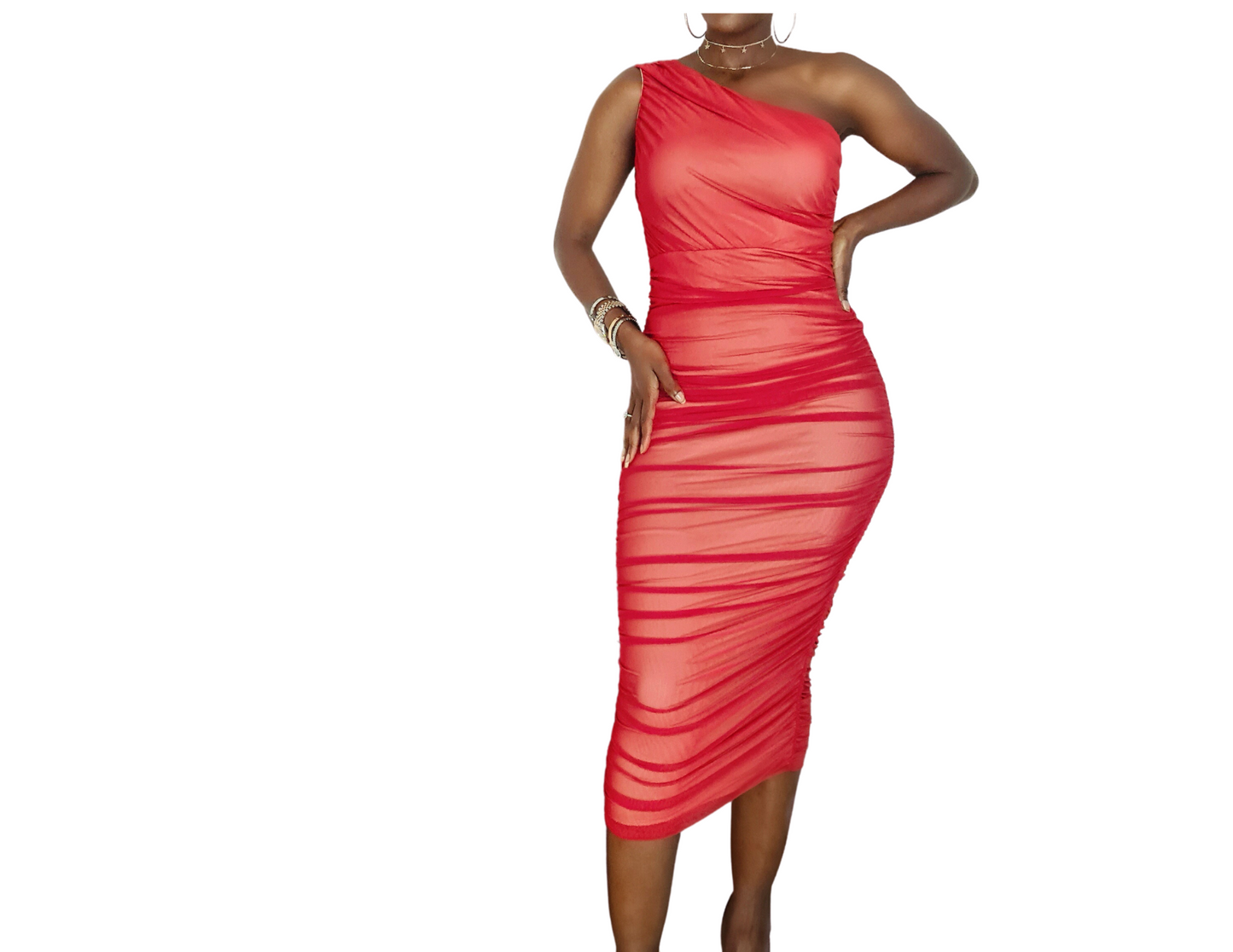 ASYMMENTRICAL COLD SHOULDER MESH DRESS - OMGSTYLEZ