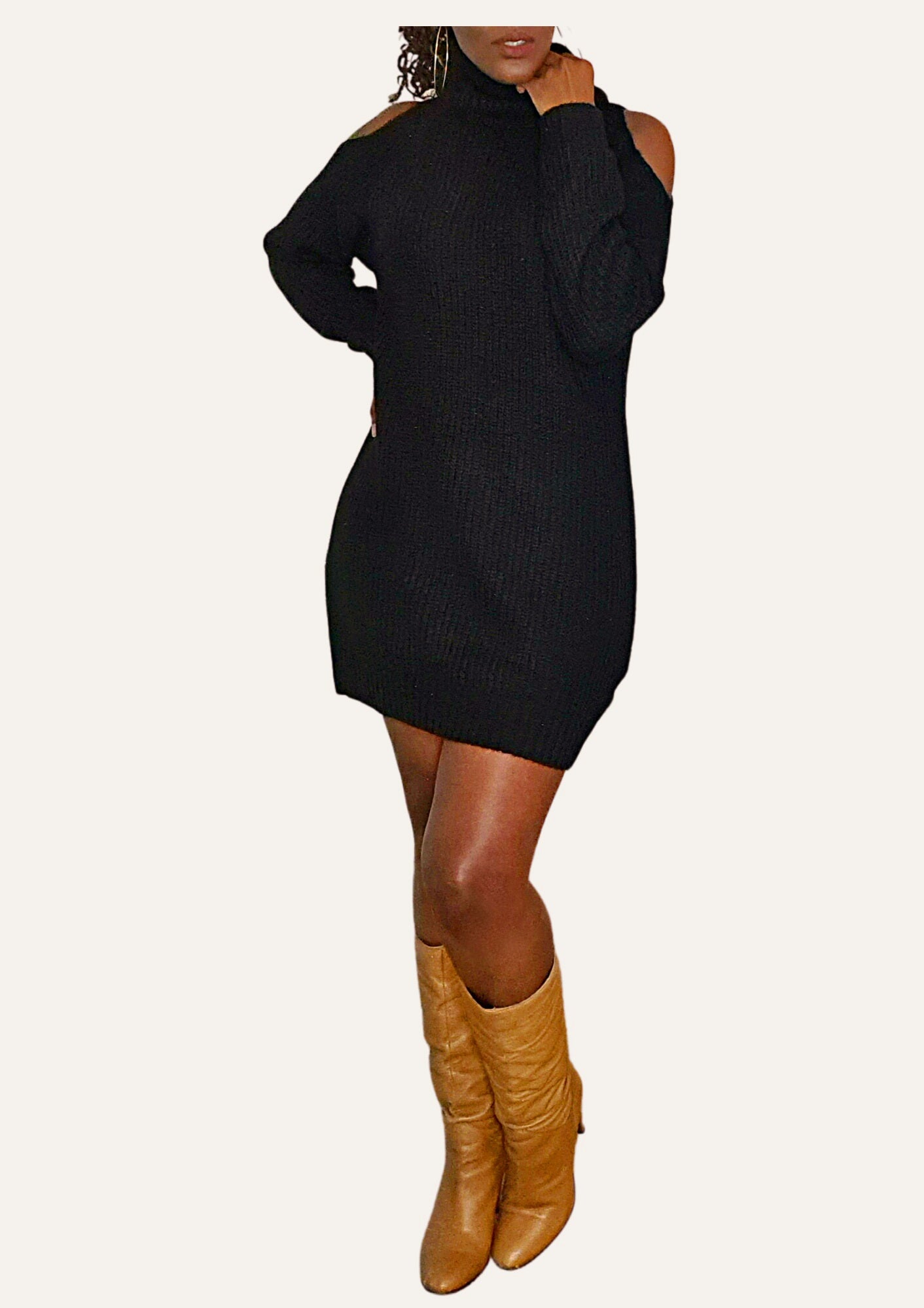 Cold-Shoulder Turtle Neck Jumper Dress - OMGSTYLEZ