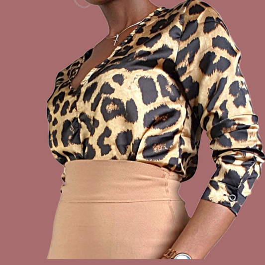 V-Neck Leopard Print Blouse - OMGSTYLEZ