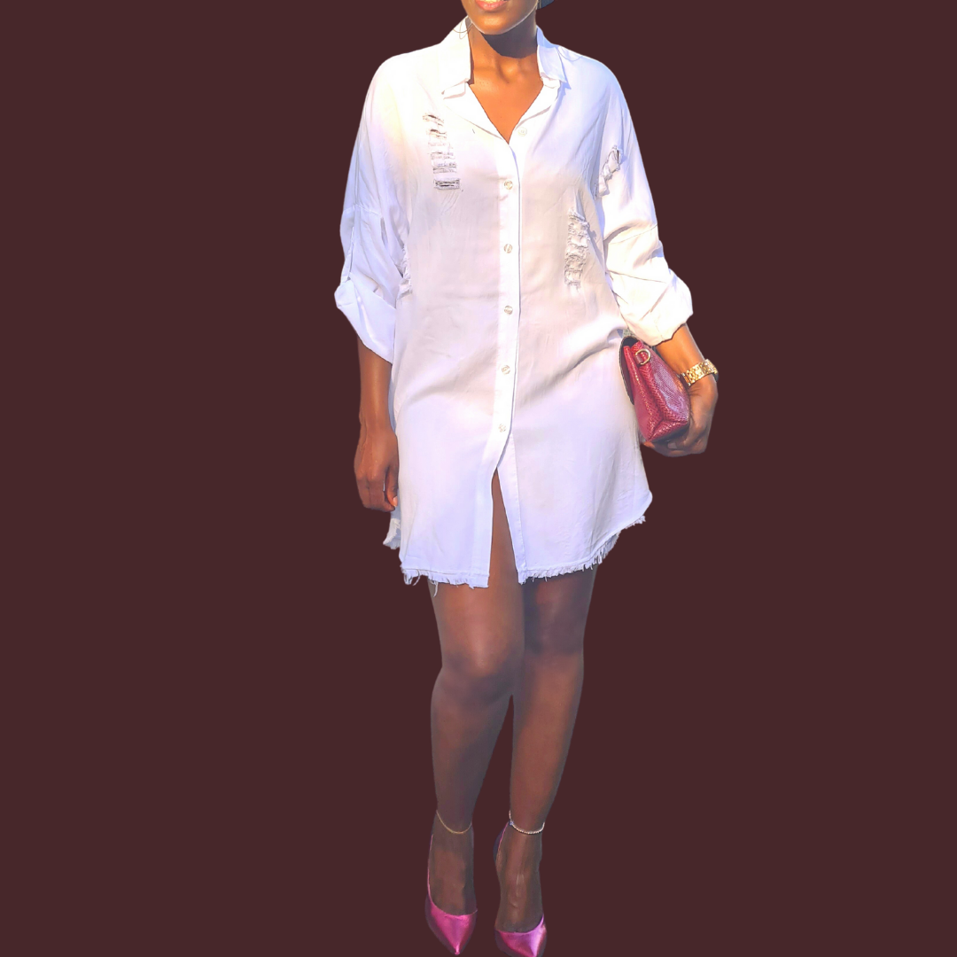 DISTRESSED SHIRT DRESS - OMGSTYLEZ