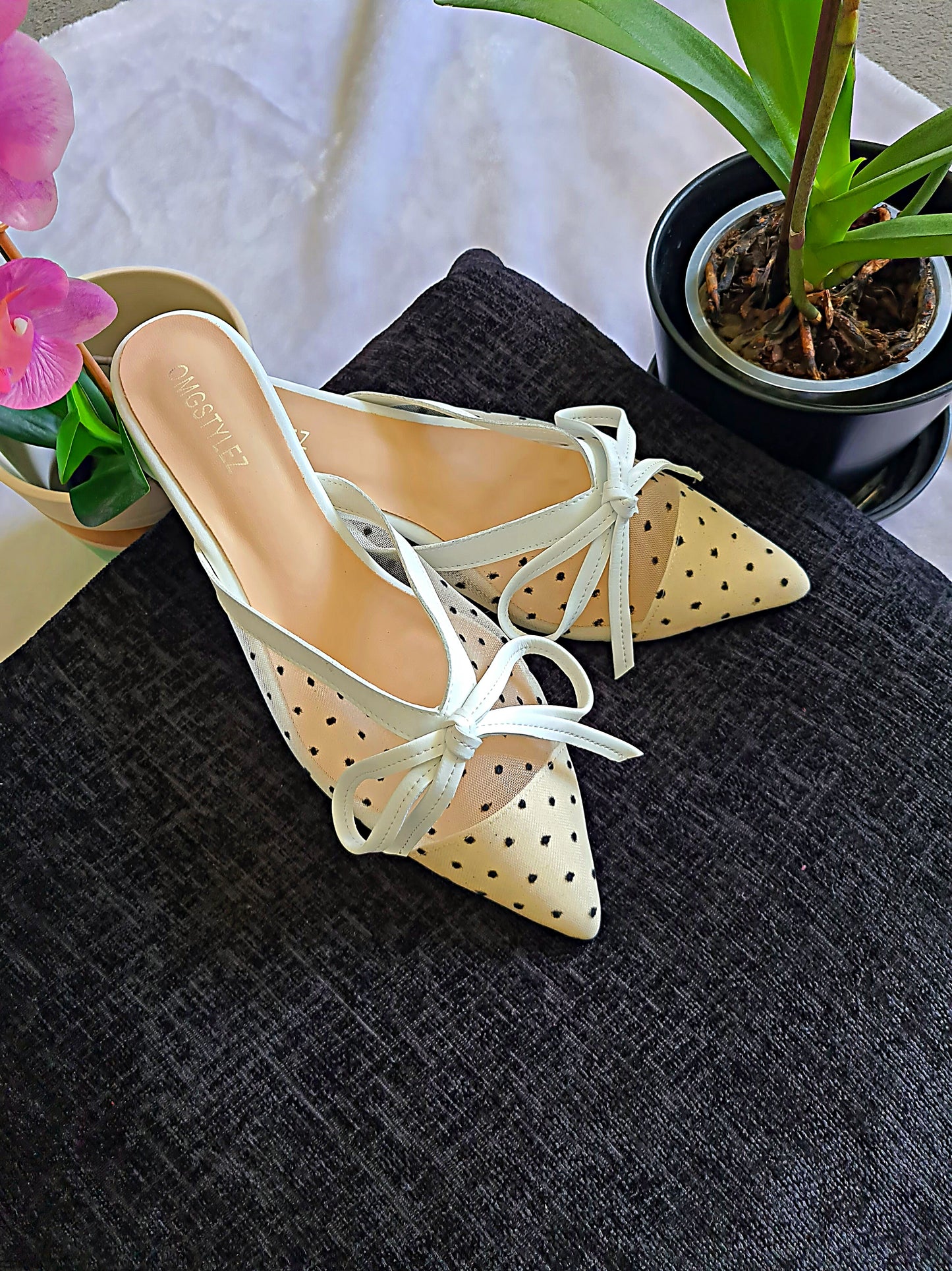 Polka Lace Bow Flat Mules - OMGSTYLEZ