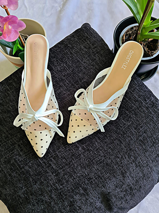 Polka Lace Bow Flat Mules - OMGSTYLEZ