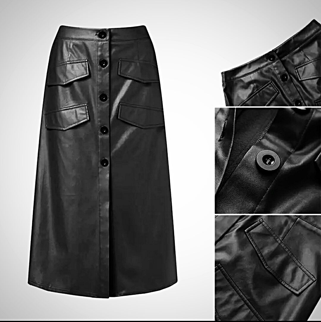 Faux Leather Button Skirt - OMGSTYLEZ