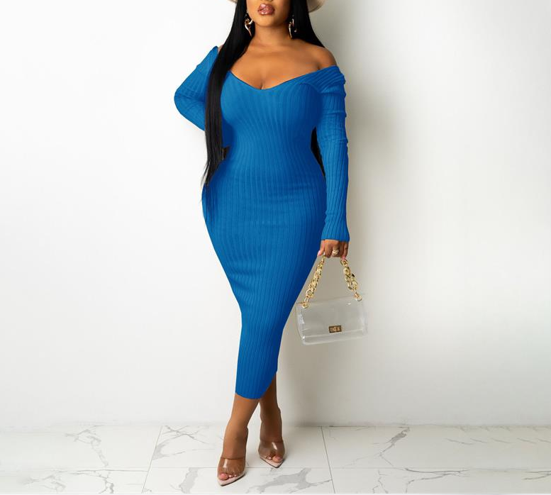 V-NECK LONG SLEEVE RIB-KNIT DRESS - OMGSTYLEZ