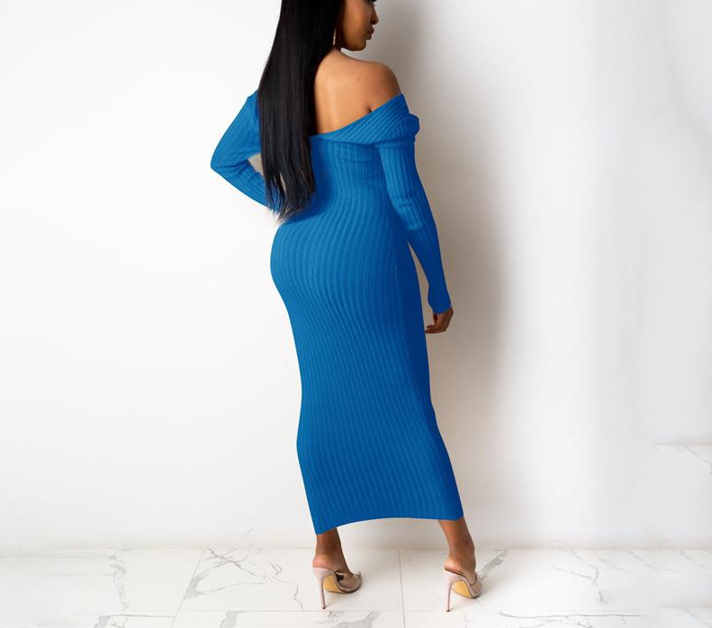 V-NECK LONG SLEEVE RIB-KNIT DRESS - OMGSTYLEZ