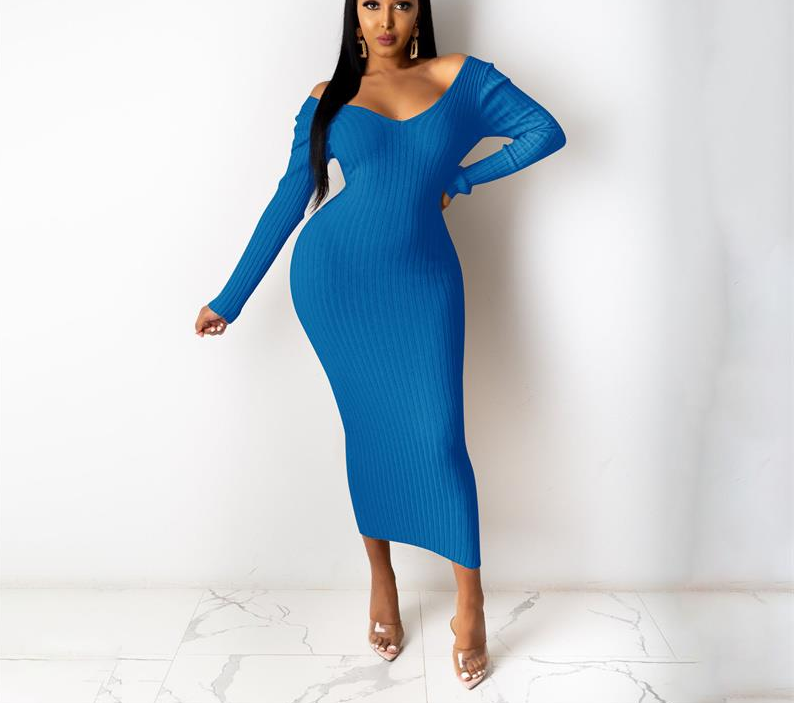 V-NECK LONG SLEEVE RIB-KNIT DRESS - OMGSTYLEZ