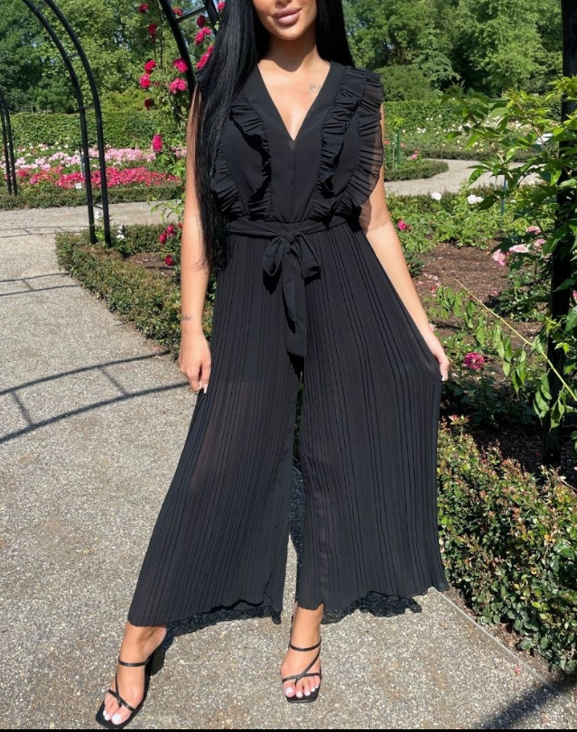 V-NECK PLEATED JUMPSUIT - OMGSTYLEZ